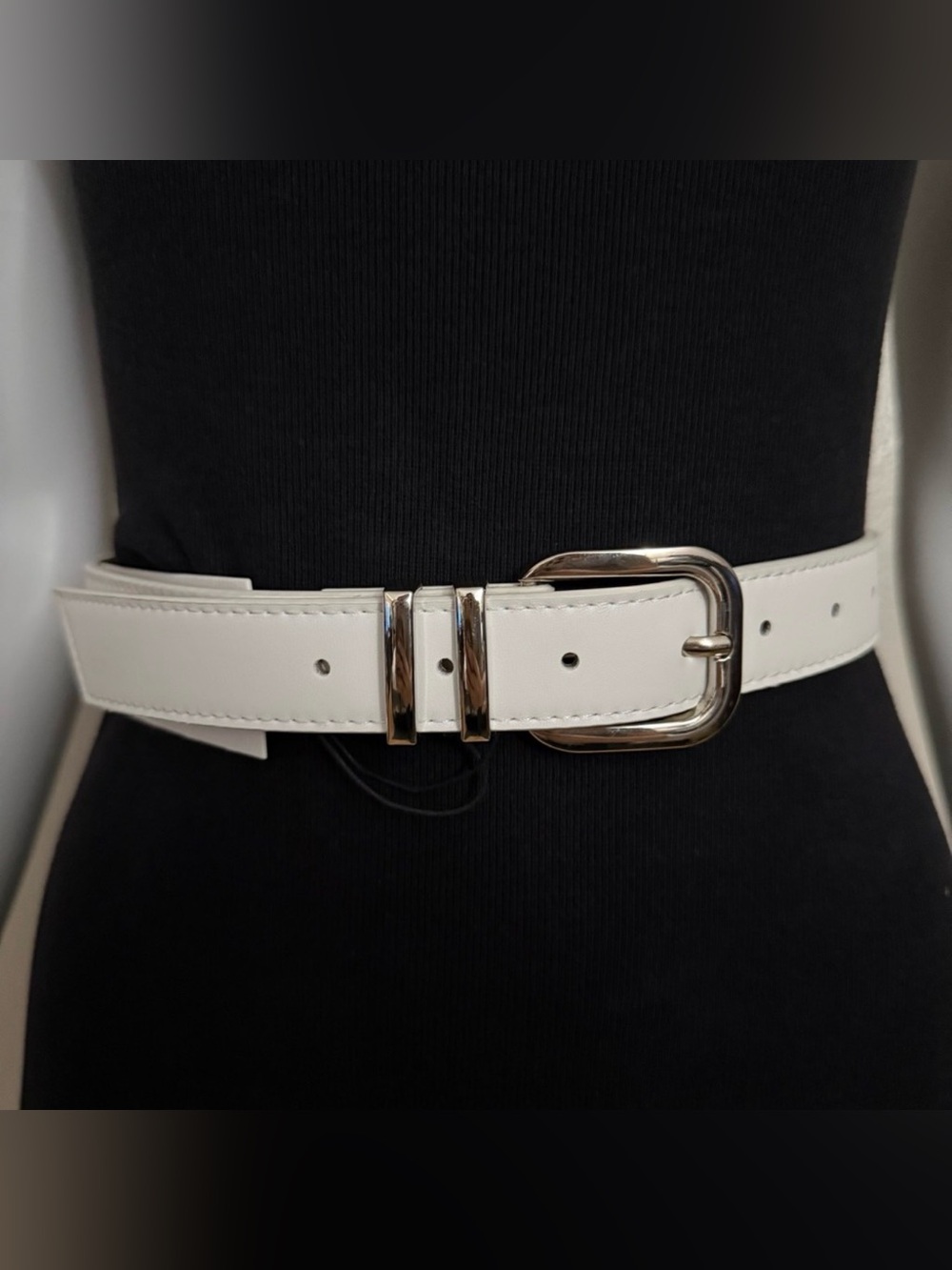 White PU leather silver tone square buckle minimalist style belt